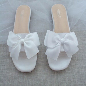 WHITE SATIN Slide Flat Sandals With Satin Bow Bridal - Etsy