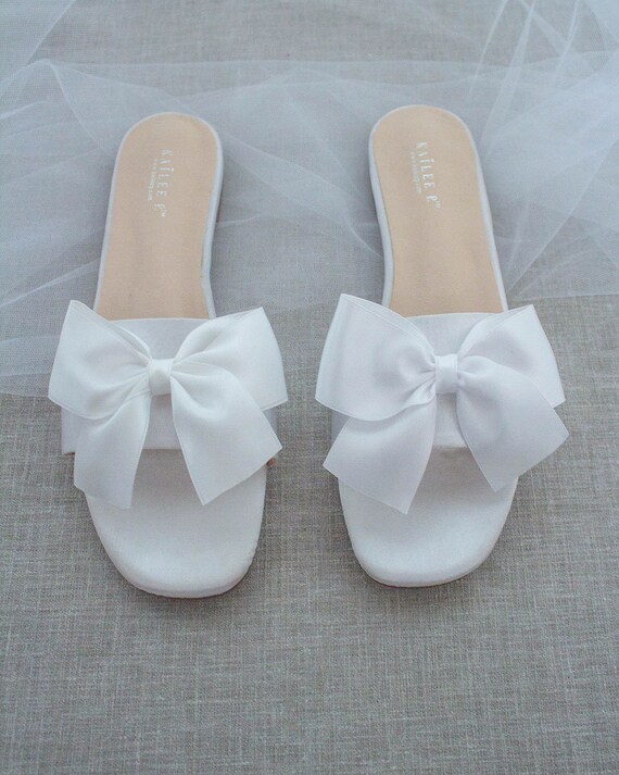 WHITE SATIN Slide Flat Sandals With Satin Bow Bridal - Etsy