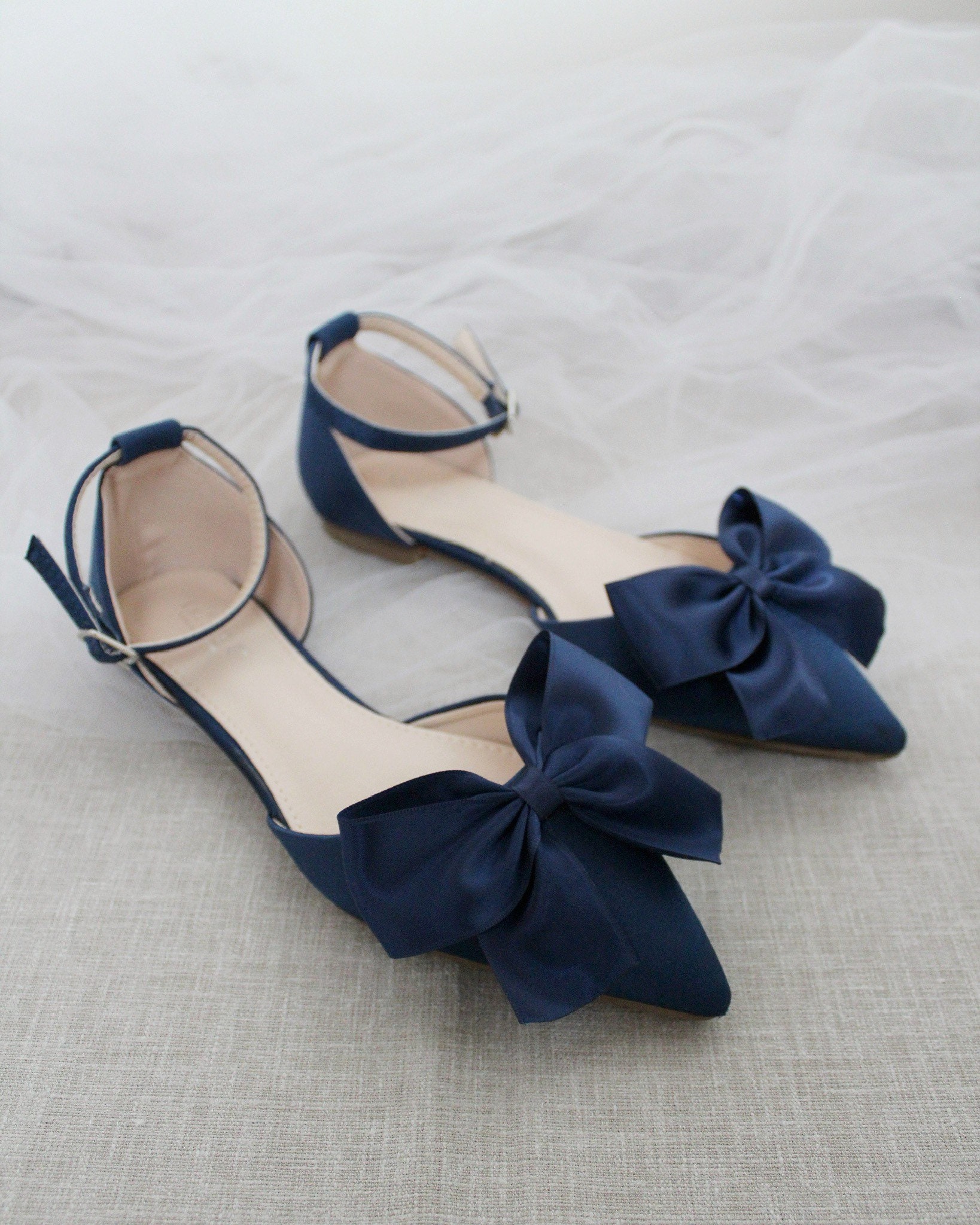 Navy Satin Pointy Toe Flats With FRONT SATIN BOW, Fall Wedding Shoes ...