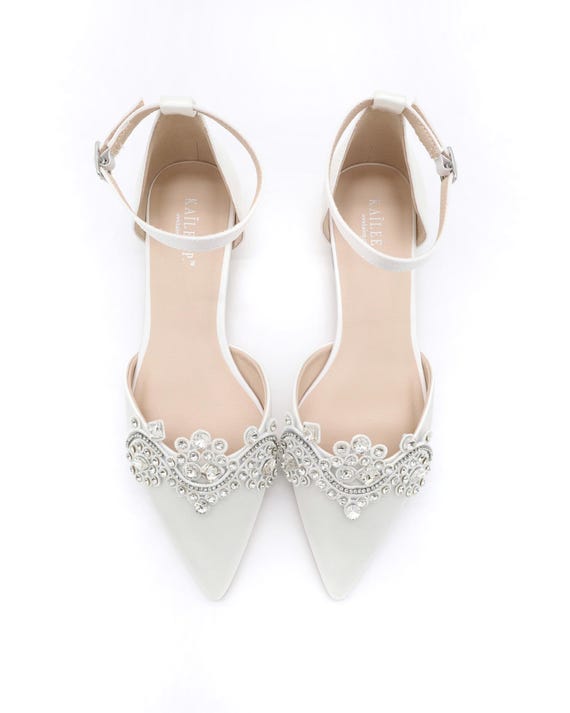 White Satin Pointy Toe Flats with Sparkly RHINESTONES APPLIQUE Women  Wedding Shoes, Bridal Shoes, White Bride Shoes, Satin Wedding Shoes