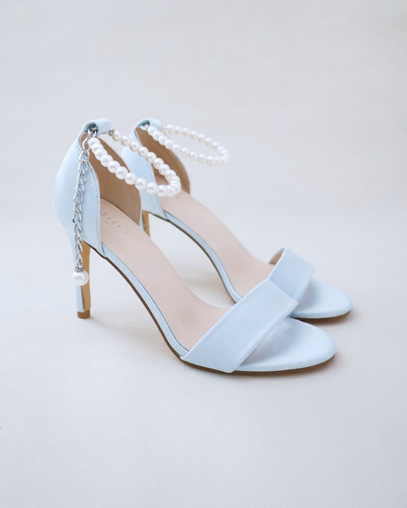 Sax Blue Satin HEELS SHOES Bridal Ankle Heels Stripe Shoes - Etsy | Blue  heels wedding, Heels, Blue high heel shoes