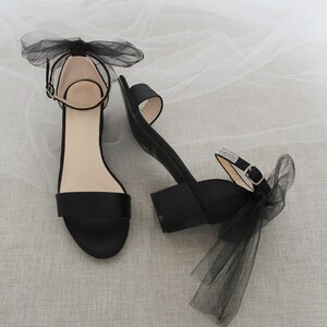 Black Satin Block Heel Sandal With TULLE BACK BOW Women - Etsy