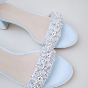 Light Blue Satin Block Heel Sandal with Rhinestones Chassia Flower, Women Sandals, Bridesmaid Shoes, Something Blue, Bridal Heel Sandals image 2