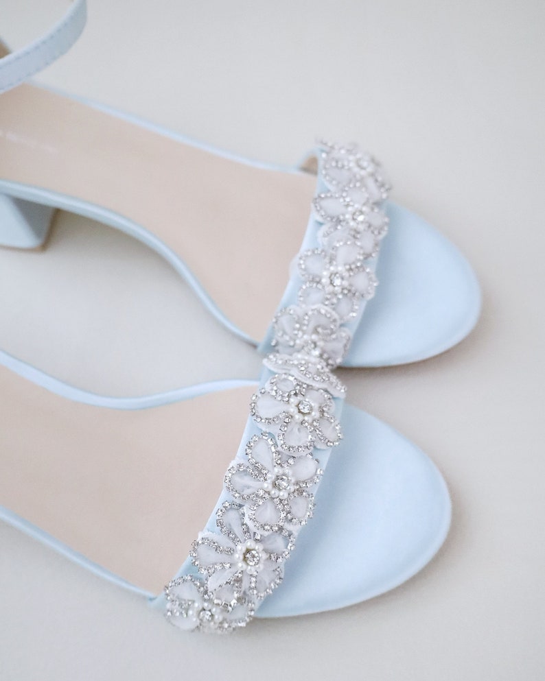 Light Blue Satin Block Heel Sandal with Rhinestones Chassia Flower, Women Sandals, Bridesmaid Shoes, Something Blue, Bridal Heel Sandals image 2