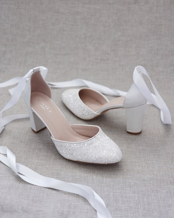 white glitter block heels