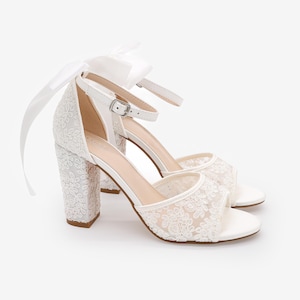 White & Ivory Crochet Lace Block Heel Sandals with SATIN BACK BOW - Women Wedding Shoes, Bridesmaids Shoes, Bridal Shoes, Bridal Heels