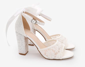 White & Ivory Crochet Lace Block Heel Sandals with SATIN BACK BOW - Women Wedding Shoes, Bridesmaids Shoes, Bridal Shoes, Bridal Heels