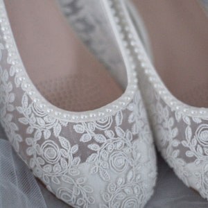 White Lace Round Toe Flats with MINI PEARLS Women Wedding Shoes, Bridesmaid Shoes, Bridal Shoes image 3