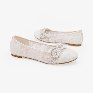 White Crochet Lace Round Toe Flats with SMALL PEARLS APPLIQUE - Women Wedding Shoes, Bridesmaid Shoes, Bridal Shoes, White Lace Shoes image 3