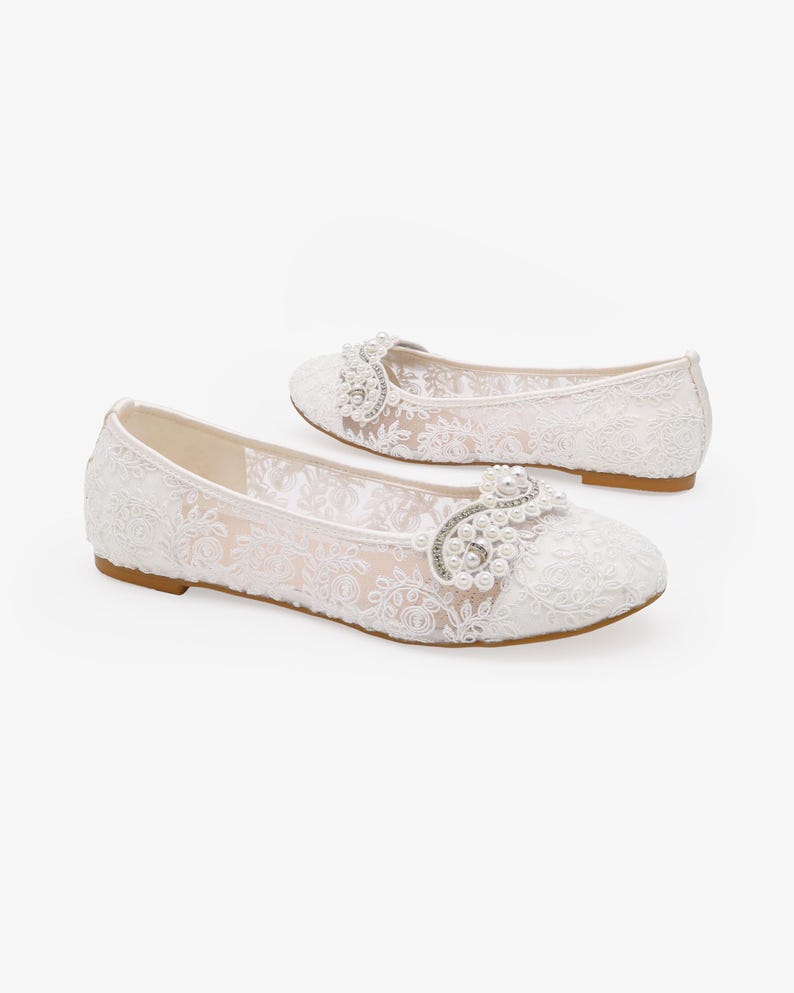 White Crochet Lace Round Toe Flats with SMALL PEARLS APPLIQUE - Women Wedding Shoes, Bridesmaid Shoes, Bridal Shoes, White Lace Shoes image 3