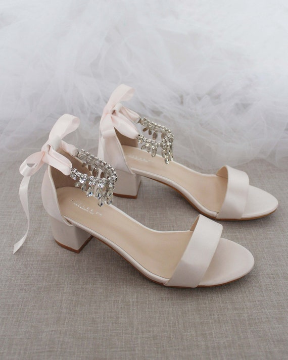 Soft Blush Satin Block Heel Sandal With Embellished Dangled | Etsy
