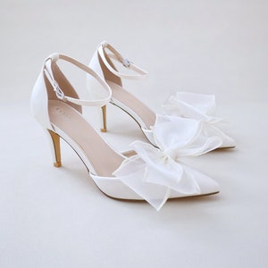 Ivory Satin Pointy Toe Heels with Layered Organza Bow and Ankle Strap, Wedding Shoes, Bridesmaids Shoes, Evening Shoes, Holiday Shoes