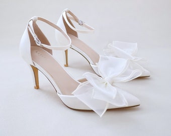 Ivory Satin Pointy Toe Heels with Layered Organza Bow and Ankle Strap, Wedding Shoes, Bridesmaids Shoes, Evening Shoes, Holiday Shoes