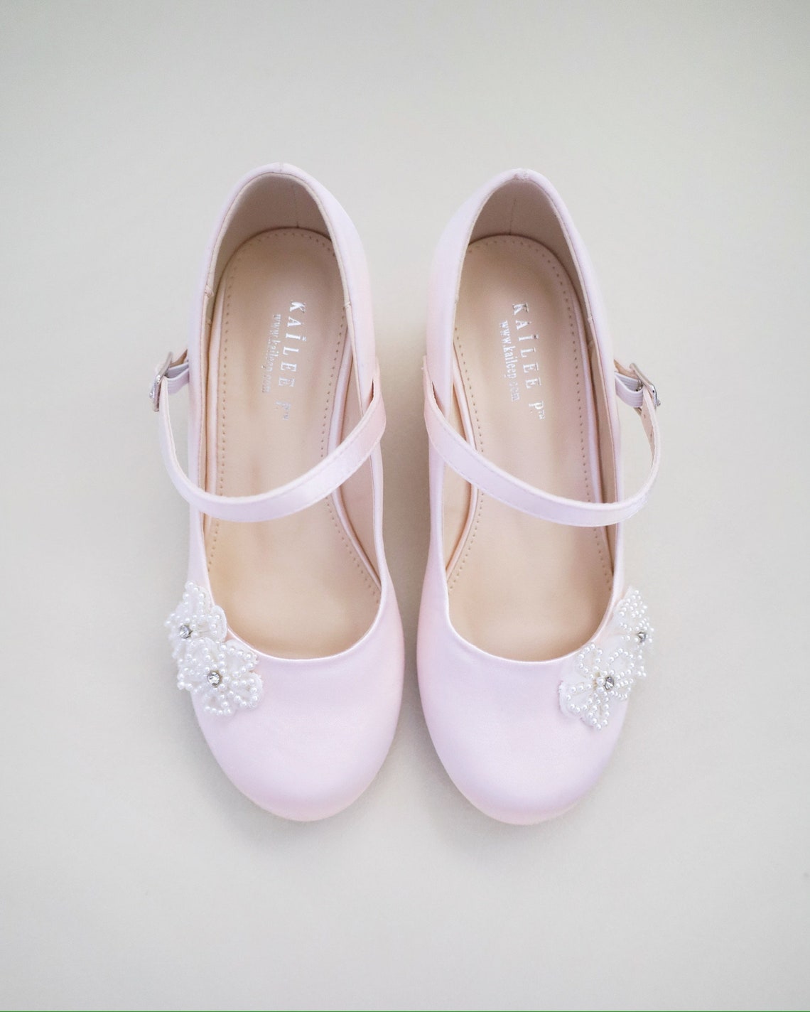 Dusty Pink Girls Satin Mary Jane Block Heel With All Pearls Chassia ...
