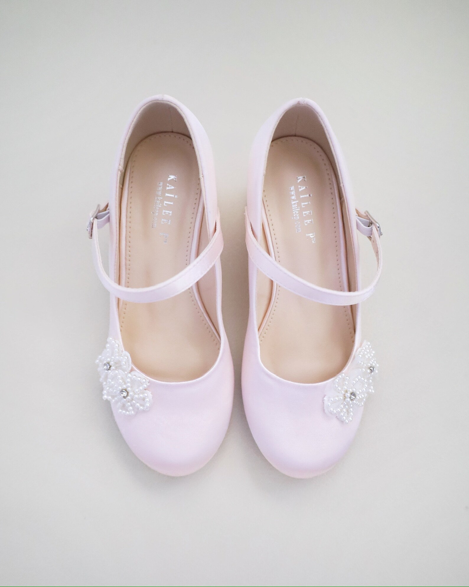 Dusty Pink Girls Satin Mary Jane Block Heel With All Pearls Chassia ...