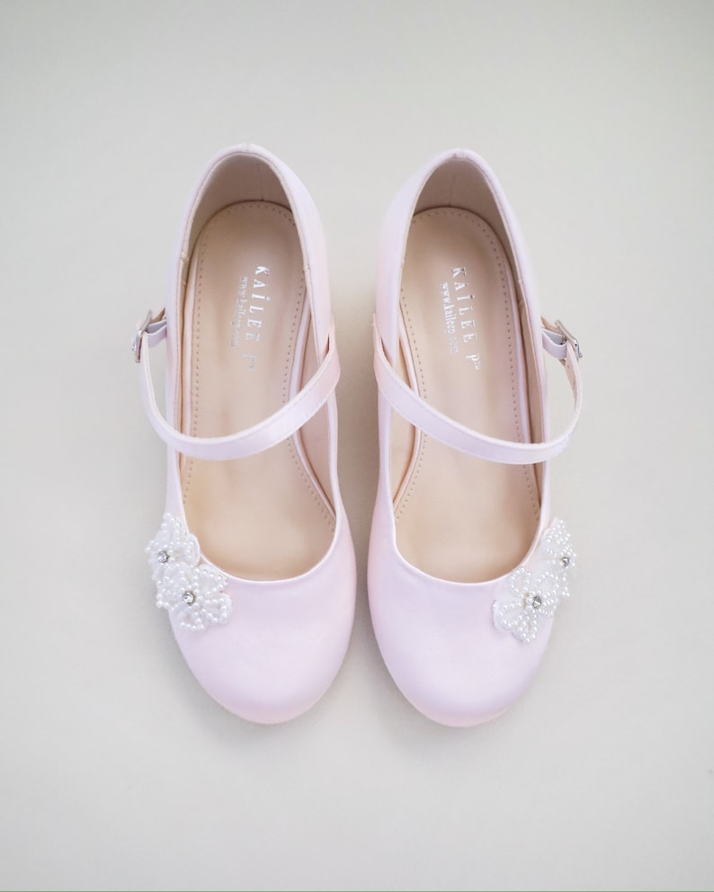 Dusty Pink Girls Satin Mary Jane Block Heel With All Pearls Chassia ...