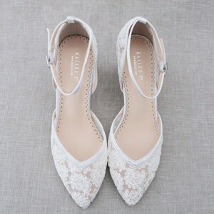 White Crochet Lace Almond Toe Block Heel With Pearl Ankle Strap Women ...