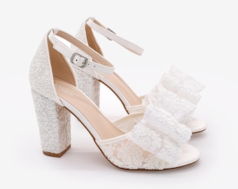 White & Ivory Crochet Lace Block Heel Sandals with Oversized Crochet Lace Bow - Women Wedding Shoes, Bridesmaids Shoes, Bridal Shoes