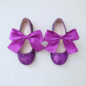 Plum Rock Glitter Maryjane Flats with Violet Satin Bow, For Flower Girls, Parties and Easter Shoes, Holiday Shoes, Birthday Shoes