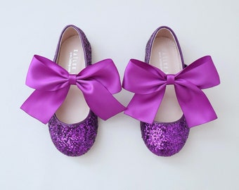 Plum Rock Glitter Maryjane Flats with Satin Bow, For Flower Girls, Parties and Easter Shoes, Holiday Shoes, Birthday Shoes