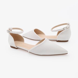 White Satin Pointy Toe Flats with MINI PEARLS and Ankle Strap | Women Wedding Shoes, Bridal Shoes, Bridal Flats, White Shoes image 4