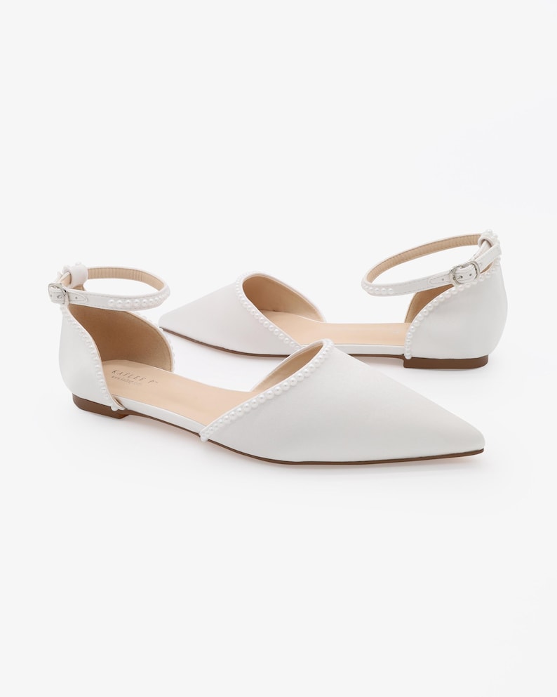 White Satin Pointy Toe Flats with MINI PEARLS and Ankle Strap | Women Wedding Shoes, Bridal Shoes, Bridal Flats, White Shoes image 4
