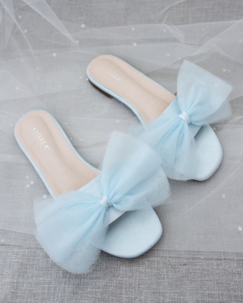 Light Blue Satin Slip on Sandals With Oversized Tulle Bow - Etsy