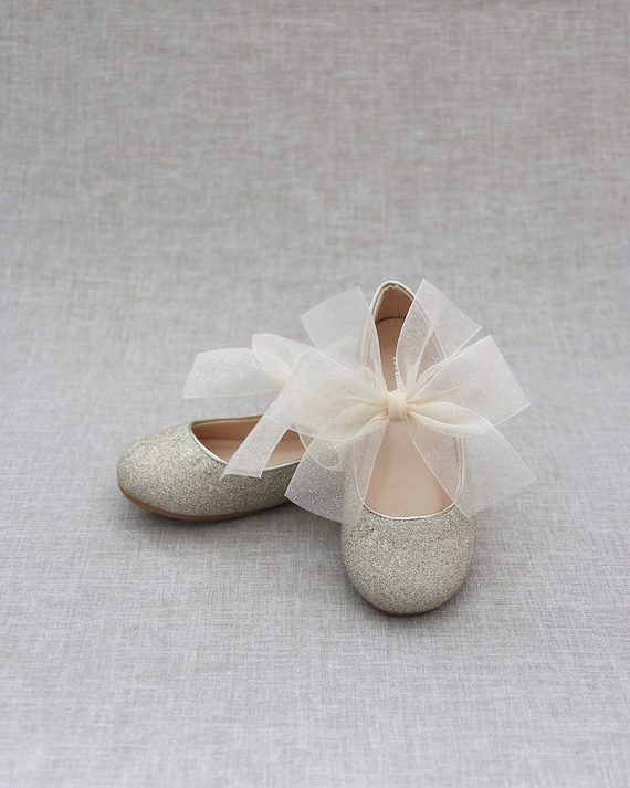 Soft Gold Glitter Maryjane Flats with CHIFFON Bow for Flower Girls Shoes,  Girls Shoes, Holiday Shoes, Party Shoes