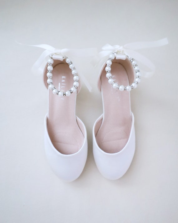 Girls White Satin Block Heel With Pearls Ankle Strap Flower Girls