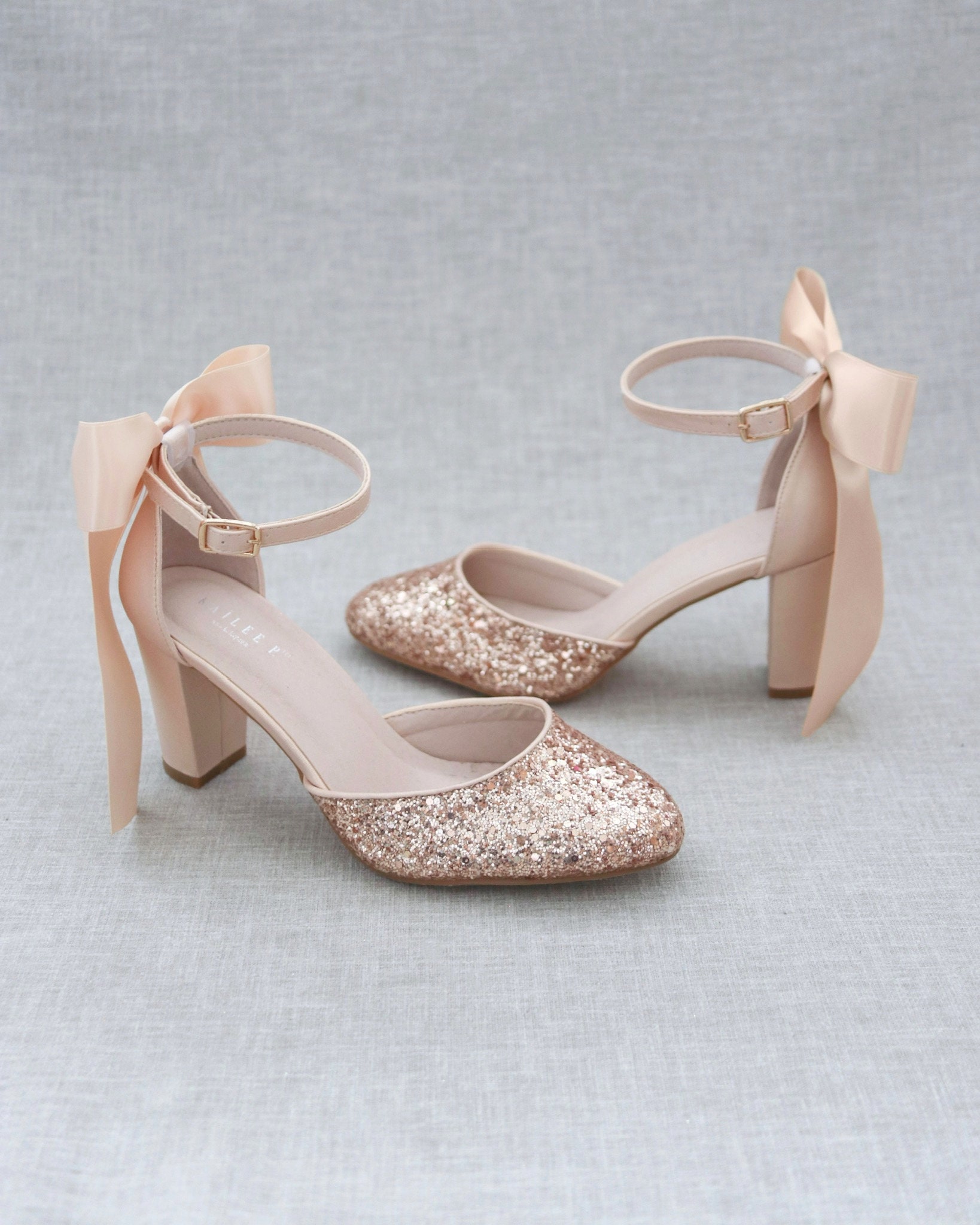Rose Gold Rock Glitter Block Heel With 