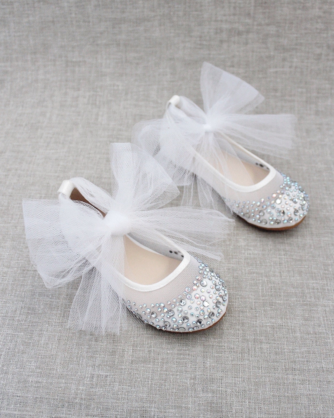 Girls White Mesh Shoes With Rhinestone Ballet Flats With TULLE - Etsy