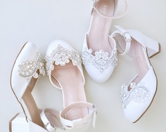 Girls Satin Block Heel with Small Rhinestones Applique, Flower Girls Shoes, Birthday Shoes, Little Girls Block Heels, Communion Shoes