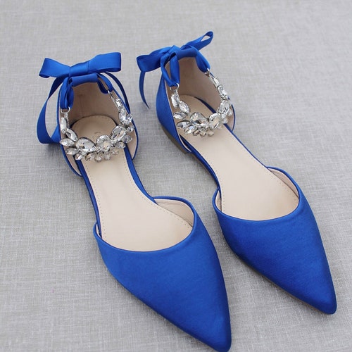 Royal Blue Satin Pointy Toe Flats With FLORAL RHINESTONES and - Etsy