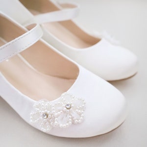 Ivory & White Satin Mary Jane Girls Block Heel With All Pearls Chassia ...