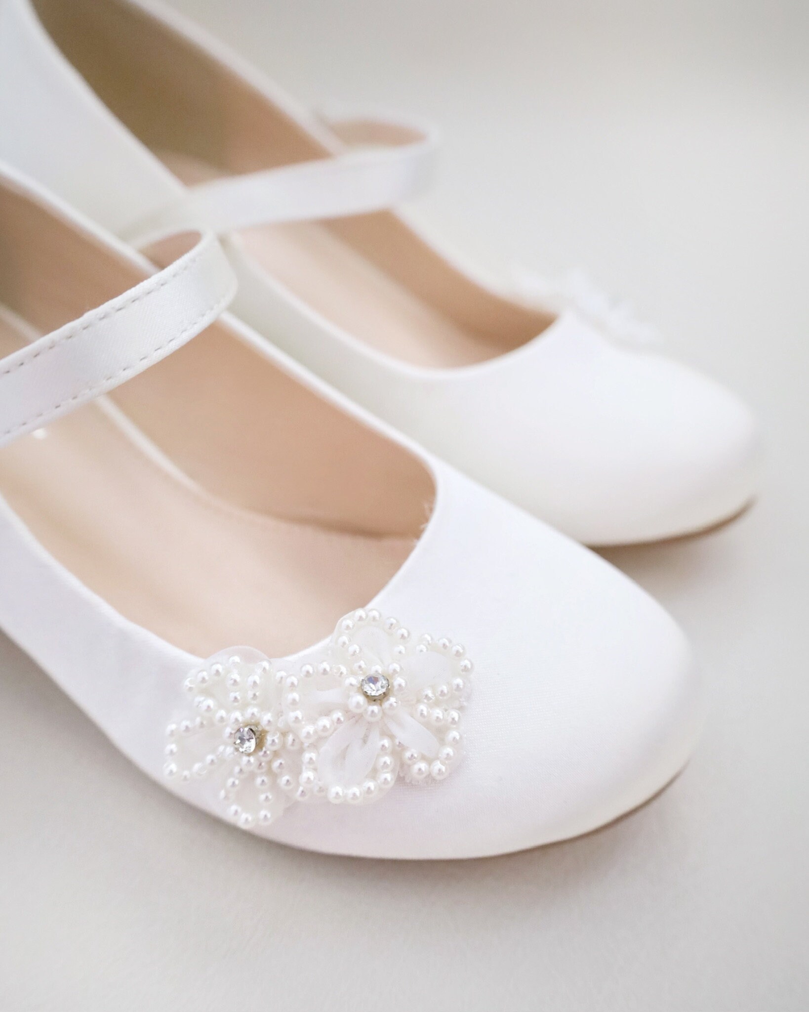 Ivory & White Satin Mary Jane Girls Block Heel With All Pearls Chassia ...