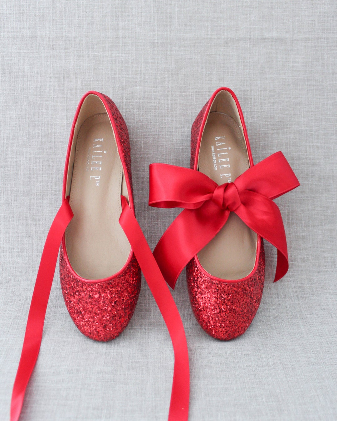 Red Pointy Toe Glitter Flats, Evening Shoes, Bridesmaids Shoes 8.5