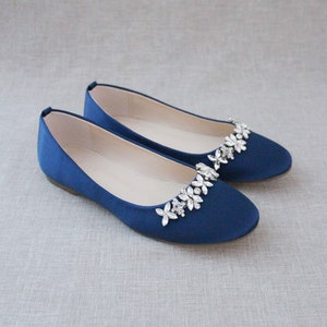 Navy Satin Round Toe Flats with FLORAL RHINESTONES - Fall Wedding Shoes, Bridal Shoes, Women Shoes, Something Blue, Holiday Shoes