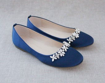 Navy Satin Round Toe Flats with FLORAL RHINESTONES - Fall Wedding Shoes, Bridal Shoes, Women Shoes, Something Blue, Holiday Shoes