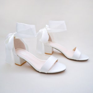 White Satin Block Heel Sandal with WRAPPED SATIN TIE, Bridesmaid Shoes, Jr. Bridesmaids Shoes, Women Sandals