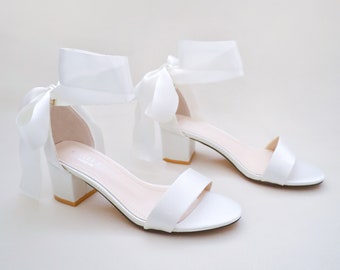 White Satin Block Heel Sandal with WRAPPED SATIN TIE, Bridesmaid Shoes, Jr. Bridesmaids Shoes, Women Sandals