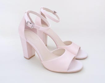 Dusty Pink Satin Block Heel Evening Sandals With Wrapped Satin Tie