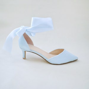 Light Blue Satin Pointy Toe Low Heels With Wrapped Ankle Tie, Fall ...