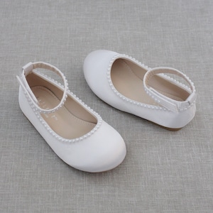 White Satin Flats with MINI PEARLS, For flower girls, baptism shoes, christening shoes, baby shoes