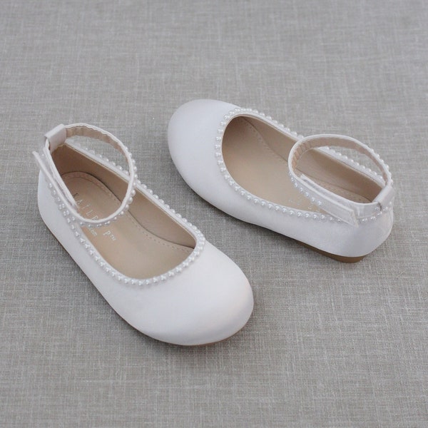 White Satin Flats with MINI PEARLS, For flower girls, baptism shoes, christening shoes, baby shoes