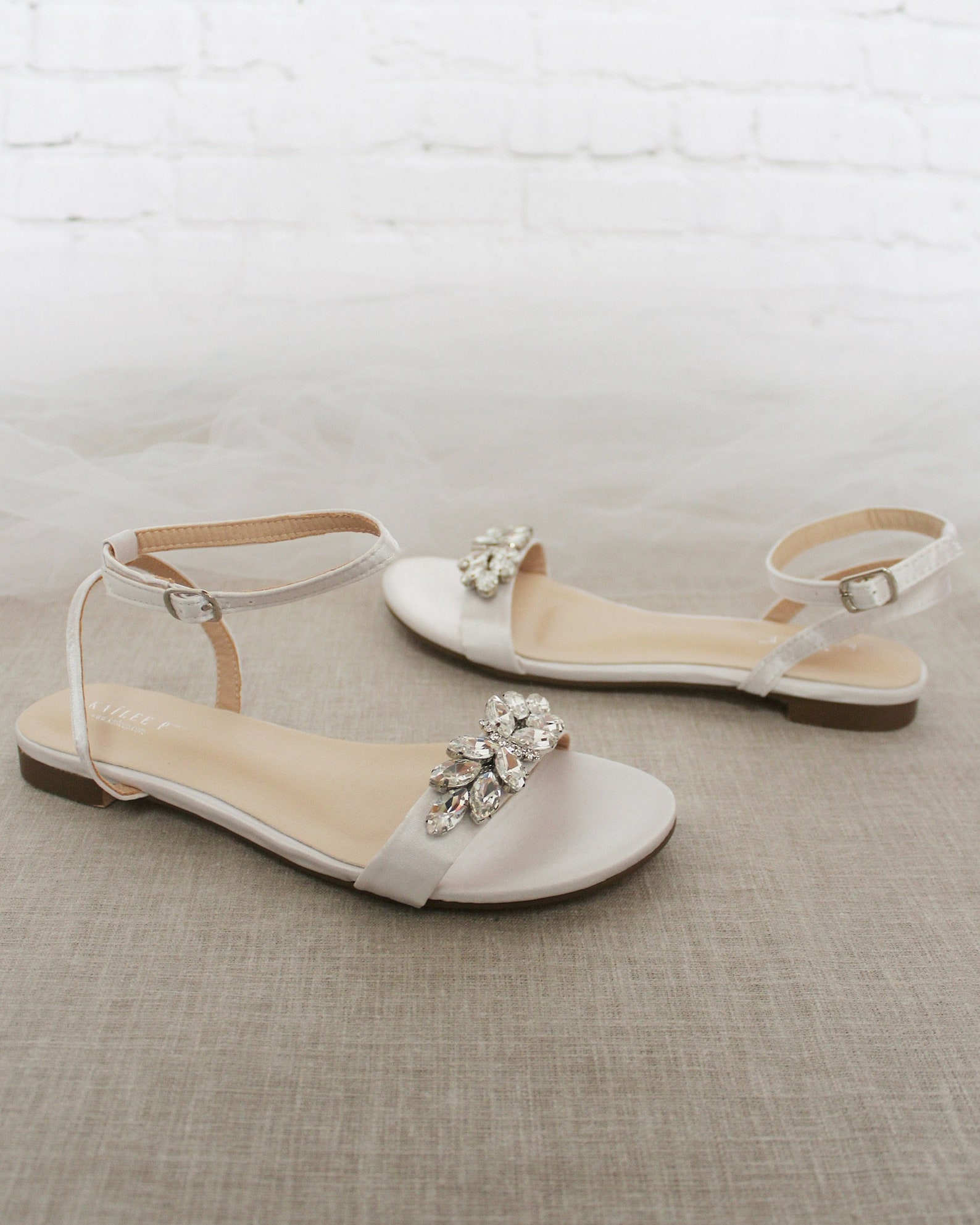 White Satin Flat Sandal With BUTTERFLY BROOCH Bridesmaid - Etsy