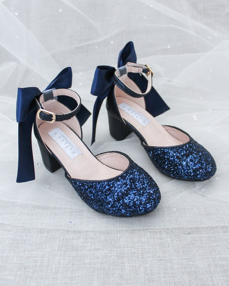 Navy Rock Glitter Block Heel with SATIN BACK BOW, Women Wedding Shoes, Bridesmaids Shoes, Bridal Shoes, Bride Pumps, Holiday Shoes image 7