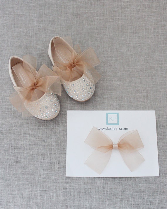 Champagne Satin Mary Jane Flats con CHIFFON BOW y Pedrería | Etsy México