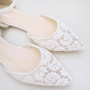 White Crochet Lace Pointy toe flats with MINI PEARLS, Women Wedding Shoes, Bridal Flats, Bride Shoes, Lace Flats image 5