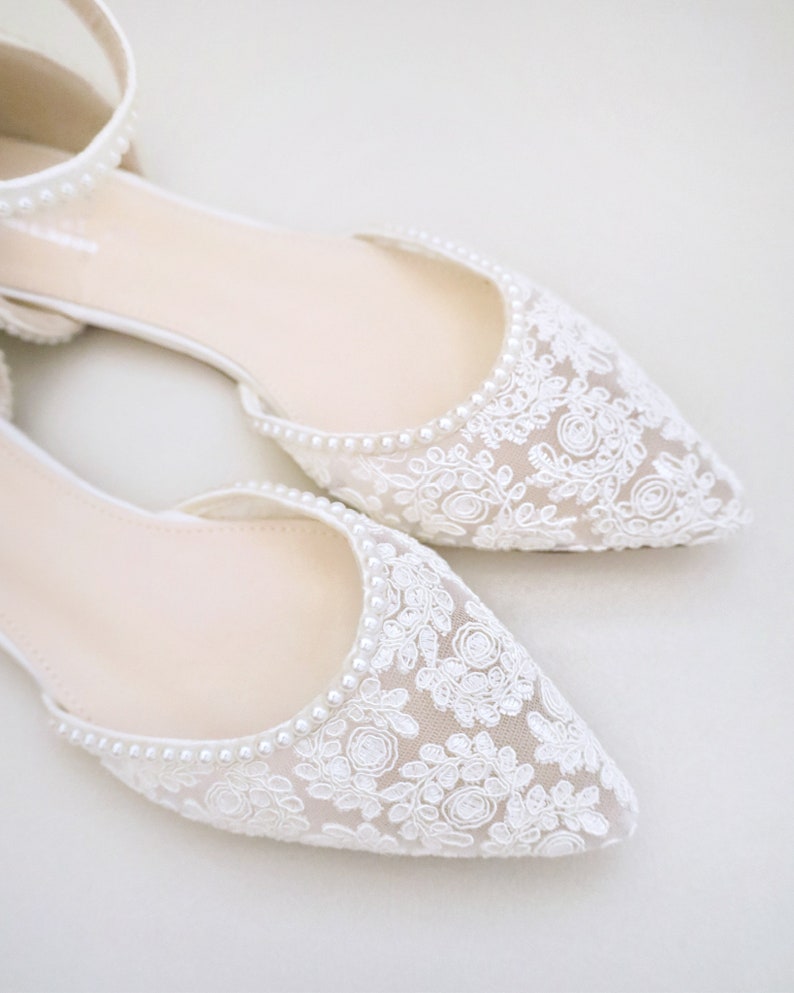 White Crochet Lace Pointy toe flats with MINI PEARLS, Women Wedding Shoes, Bridal Flats, Bride Shoes, Lace Flats image 5