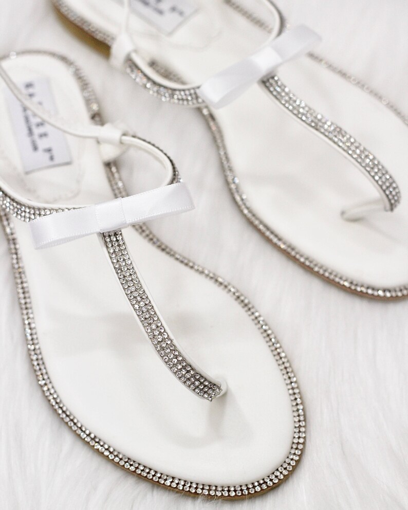 Women Wedding WHITE Sandals with Rhinestones T-Strap flat | Etsy